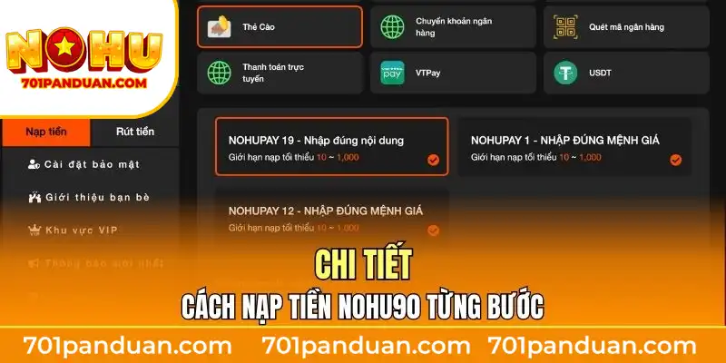 Chi tiết cách nạp tiền Nohu90 từng bước